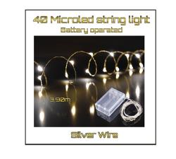 40 Microled μπαταρίας σε σειρά 30cm + 390cm, Θερμό Λευκό/Ασημί