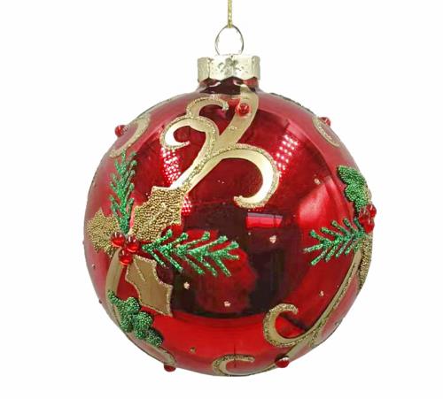 Glass Ball Gold Holly Leaf  Red/Gold,D.10cm