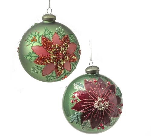 Glass Ball Red/Green Poinsettia,D.10cm