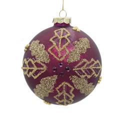 Glass Ball Burgundy & Gold Leafs,D.:10cm