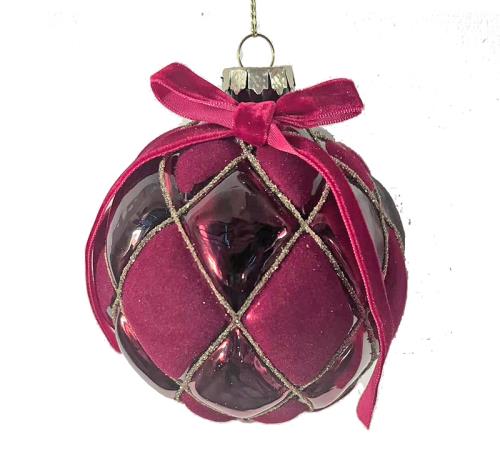 Glass Ball Rohmb Des. Flocked Burgundy,D.10cm