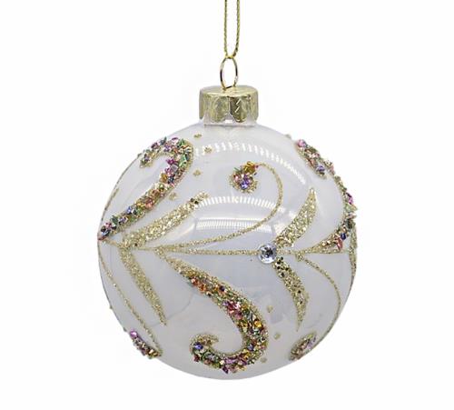 Glass Ball Pearl White W/Gold Trim,D.8cm