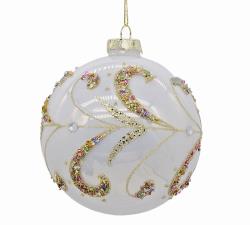 Glass Ball Pearl White W/Gold Trim,D.10cm