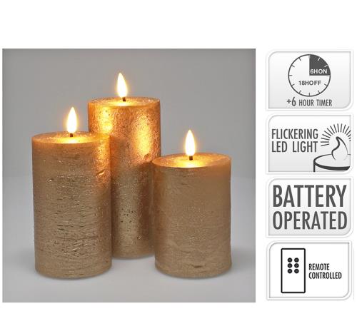 Σετ/3 κεριά led 7.5x10cm-12.5cm-15cm control & timer, χρυσό