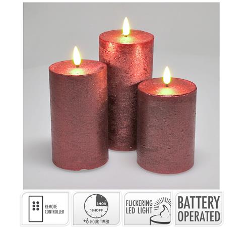 Σετ/3 κεριά led 7.5x10cm-12.5cm-15cm control & timer,μπορντω.