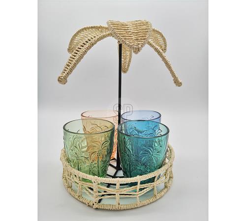 S/5 Δίσκος σχ.φοινικα με 4 χρωματιστά ποτήρια 300ml