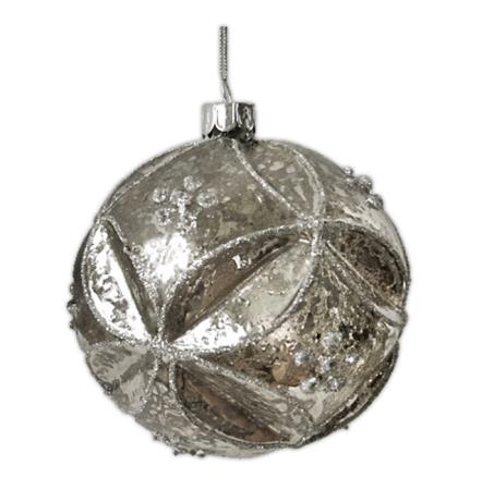 Γυάλινη  Χριστουγεννιάτικη Μπάλα Ανάγλυφο Σχεδιο Αντικέ Ασημί 10cm