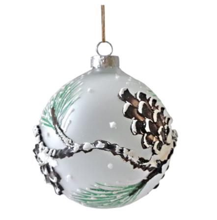 Χριστουγεννιάτικη Μπάλα "Frost" με Ανάγλυφα Κλαρία & Κουκουνάρι 8cm