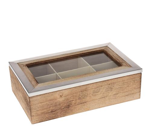 Tea box με τζάμι από ξύλο & νίκελ, 24x15cm