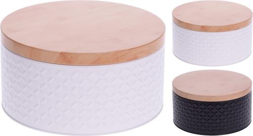 Μεταλλικό στρογγυλό κουτί με ξύλινο καπάκι σε Λευκό+Μαύρο, δ.20cm