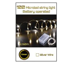100 Microled μπαταρίας με timer, σε σειρά 30cm + 990cm, Θερμό Λευκό/Ασημί