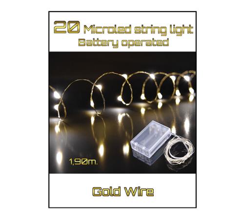 20 Microled μπαταρίας σε σειρά 30cm + 190cm, Θερμό Λευκό/Χρυσό