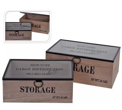 Κουτιά αποθήκευσης ξύλινα με γυάλινο πορτάκι και τύπωμα "Storage", σετ 2 τεμ.