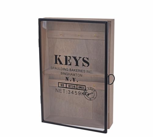 Κλειδοθήκη ξύλινη με γυάλινο πορτάκι και τύπωμα "Keys", 20x30cm