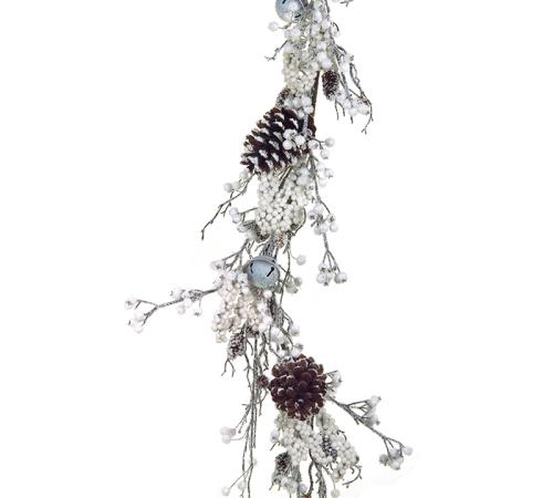 Χιονισμένη Γιρλάντα jingle bell με λευκά berries & κουκουνάρια 135cm