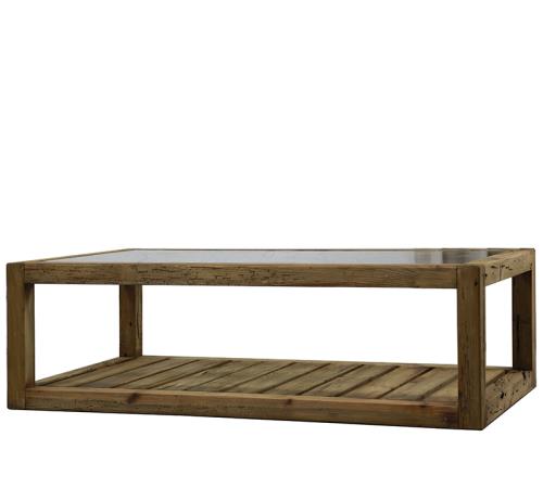 Coffee table από μασίφ ξύλο, με γυάλινο καπάκι και ράφι 140x80cm