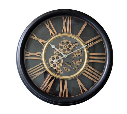Vintage Ρολόι τοίχου μεταλλικό με κινούμενο μηχανισμό,Μαύρο/Χρυσό,52.5cm
