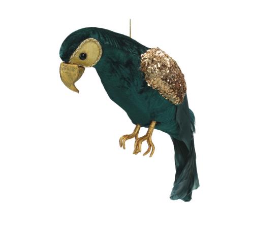 Στολίδι παπαγάλος, βελούδο σμαραγδί/χρυσό 27cm