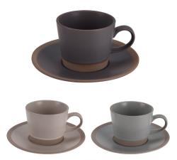 Φλυτζάνι καφέ(200ml) με πιάτο stoneware, σε 3 αποχρώσεις γκρι/καφέ.