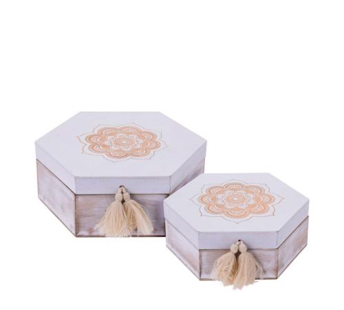 Σετ/2 ξύλινα οκταγωνα κουτιά με mandala print & φουντίτσες