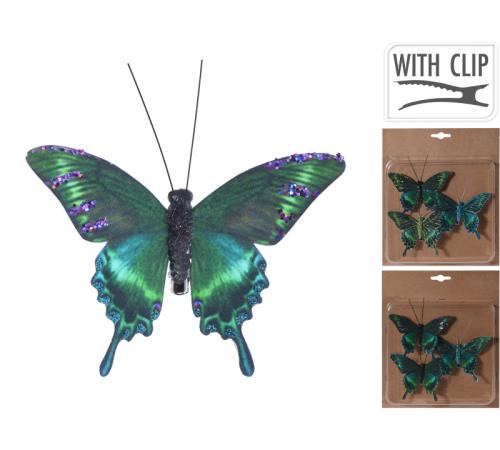 Πεταλούδες με κλιπ, σετ 3τεμ.,σε πράσινο/πετρόλ χρ.,10x9cm