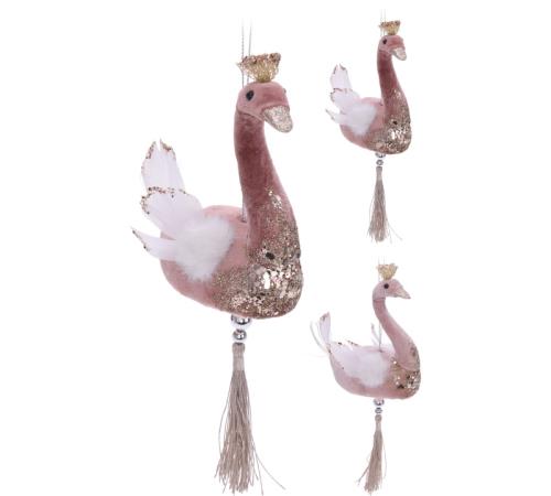 Στολίδι κύκνος με ροζ βελούδο & λευκά φτερά,10cm