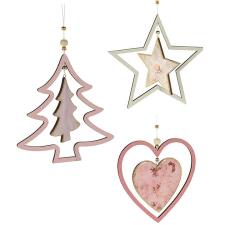 Ξύλινα στολίδια (αστέρι,έλατο,καρδιά) σε ροζ&κρεμ,16cm