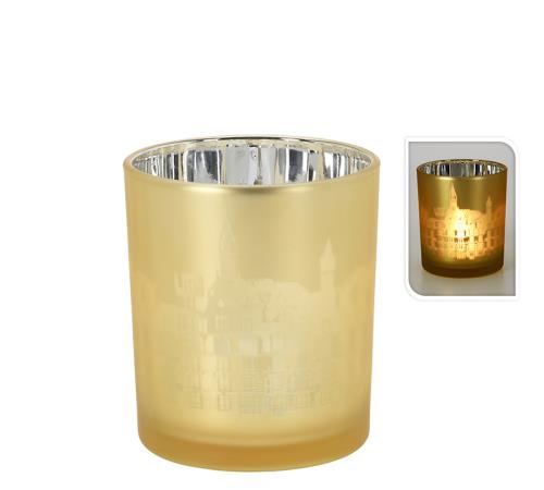 Γυάλινο κηροπήγιο καθρέπτης/χρυσό με print ,9x10cm