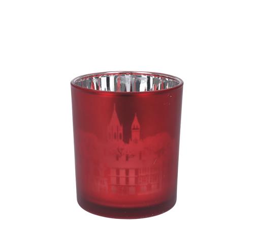 Γυάλινο κηροπήγιο καθρέπτης/κόκκινο με print ,9x10cm