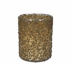 Γυάλινο φαναρι με χάντρες καφέ/χρυσό,10x13cm
