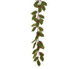 Holly leaf garland w/red berry,green velvet,180cm
